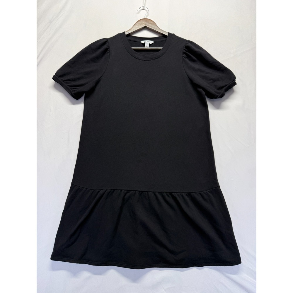 Nine West A Line Dress Womens‎ Large Black Fleece Lined Puff Sleeve Peplum Hem